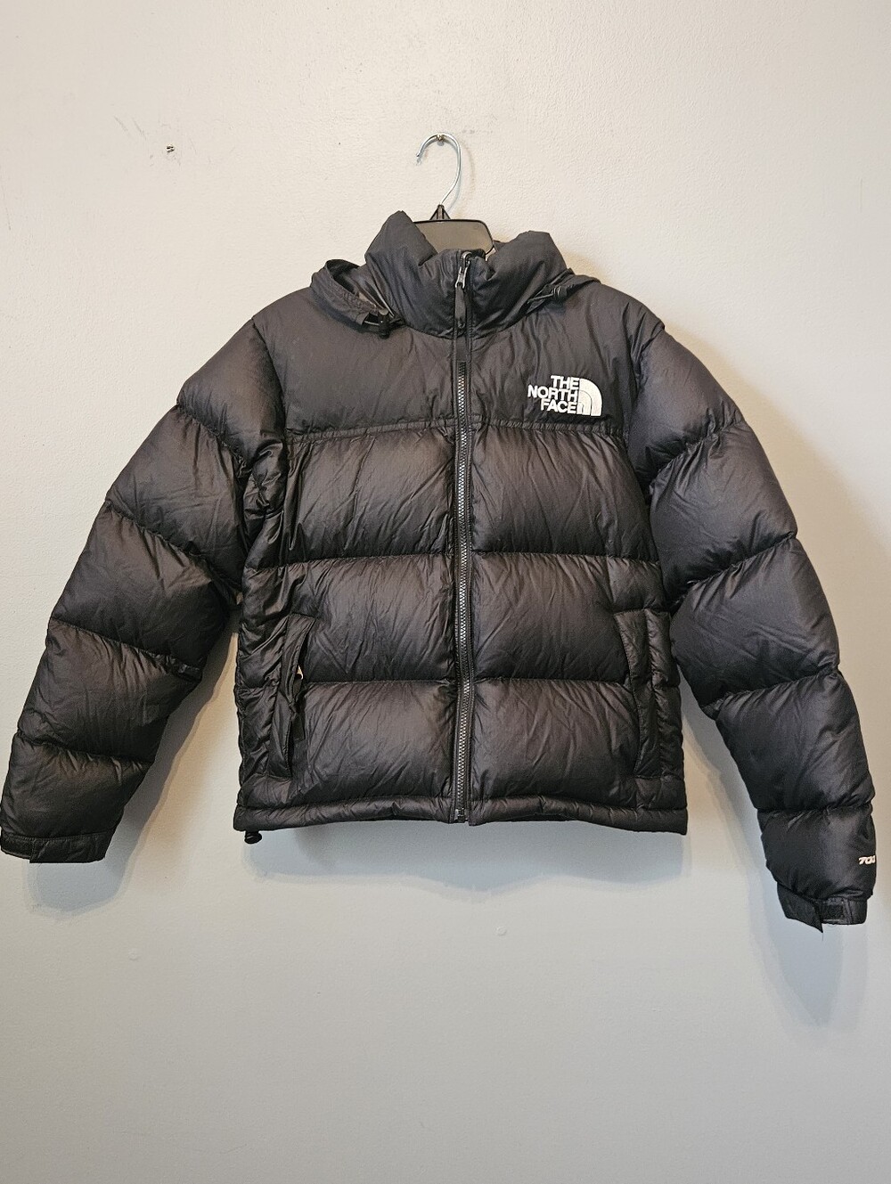 North Face nuptse 700 Down puffer Coat Jacket W Hood black Small S Has REPAIR